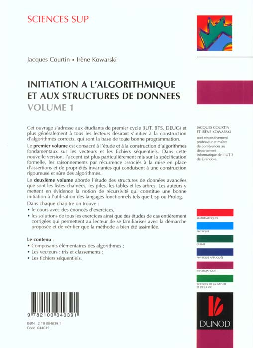 Initiation A L Algorithmique Et Aux Structures De Donnees Tome 1