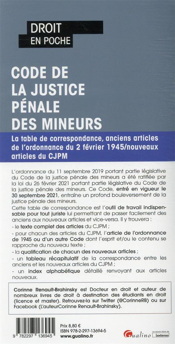 Code de la justice pénale des mineurs la table de correspondance pour