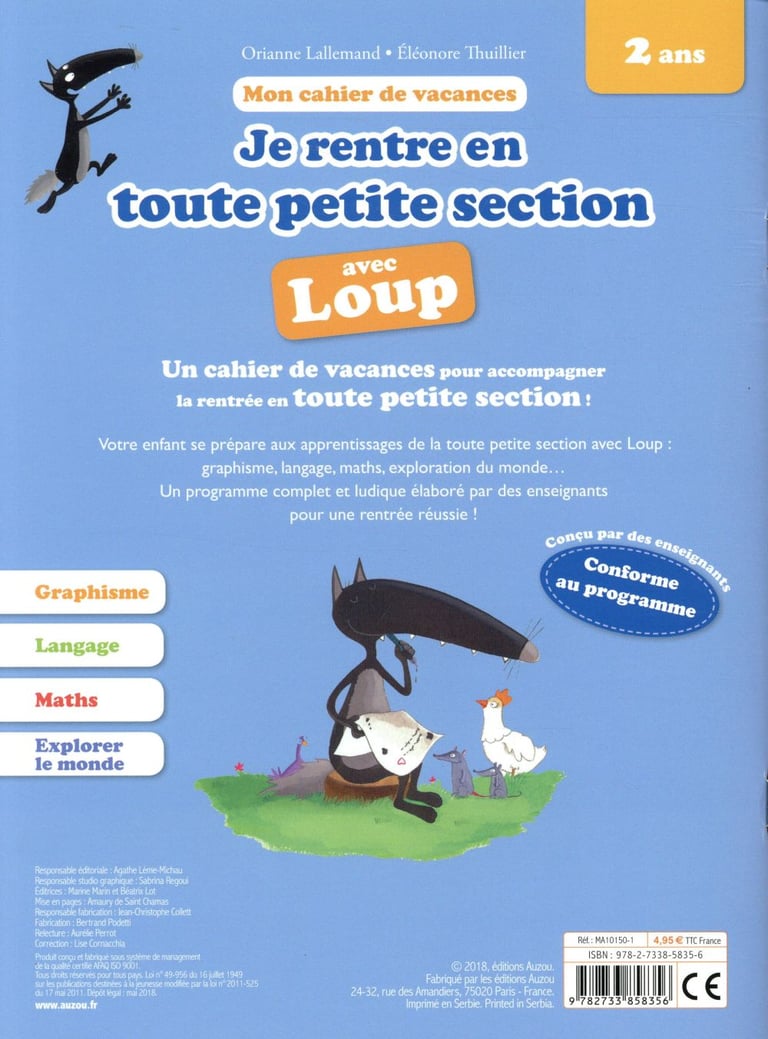 Cahier De Vacances Je Rentre En Toute Petite Section Avec Loup Vers