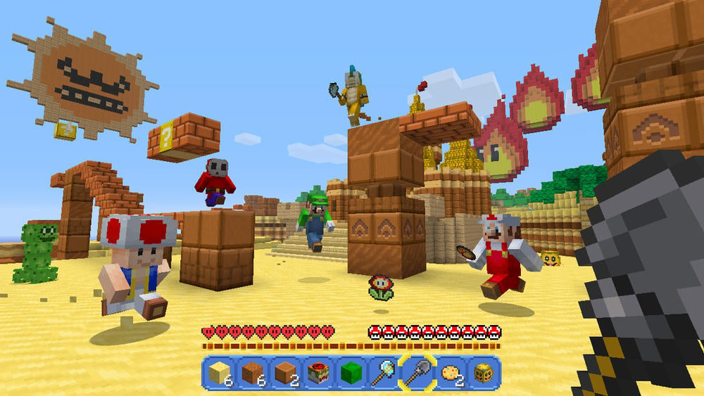 Minecraft Mario Mash-Up desert course with brick platforms, characters, and floating Mario-style elements