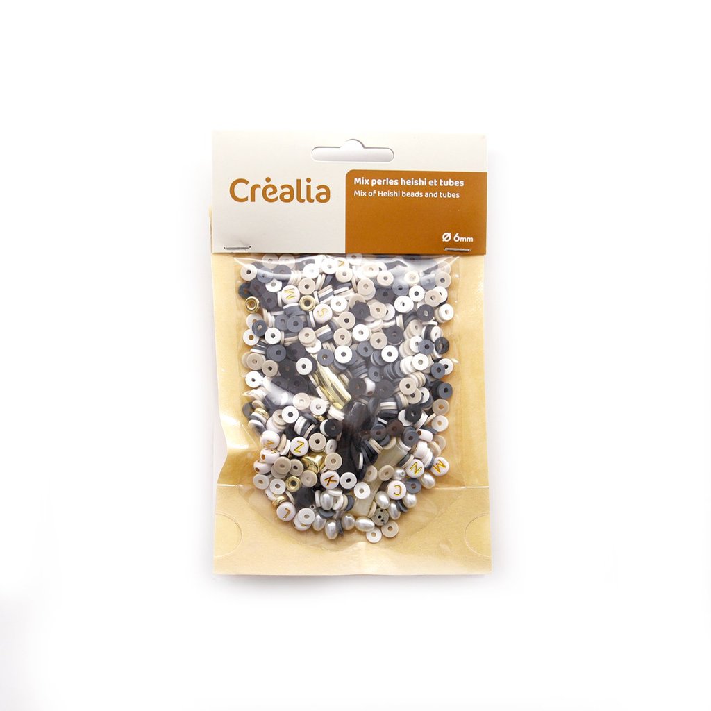 Perles Heishi 6mm et tubes - Noir blanc doré - Créalia
