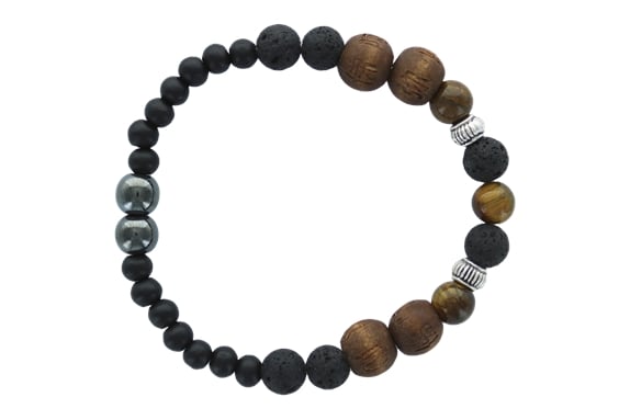 Bracelet Fait Main En Pierre De Lave, Hématite Et Bois - Taille Sur Mesure - Homme Ou Femme - Style Naturel
