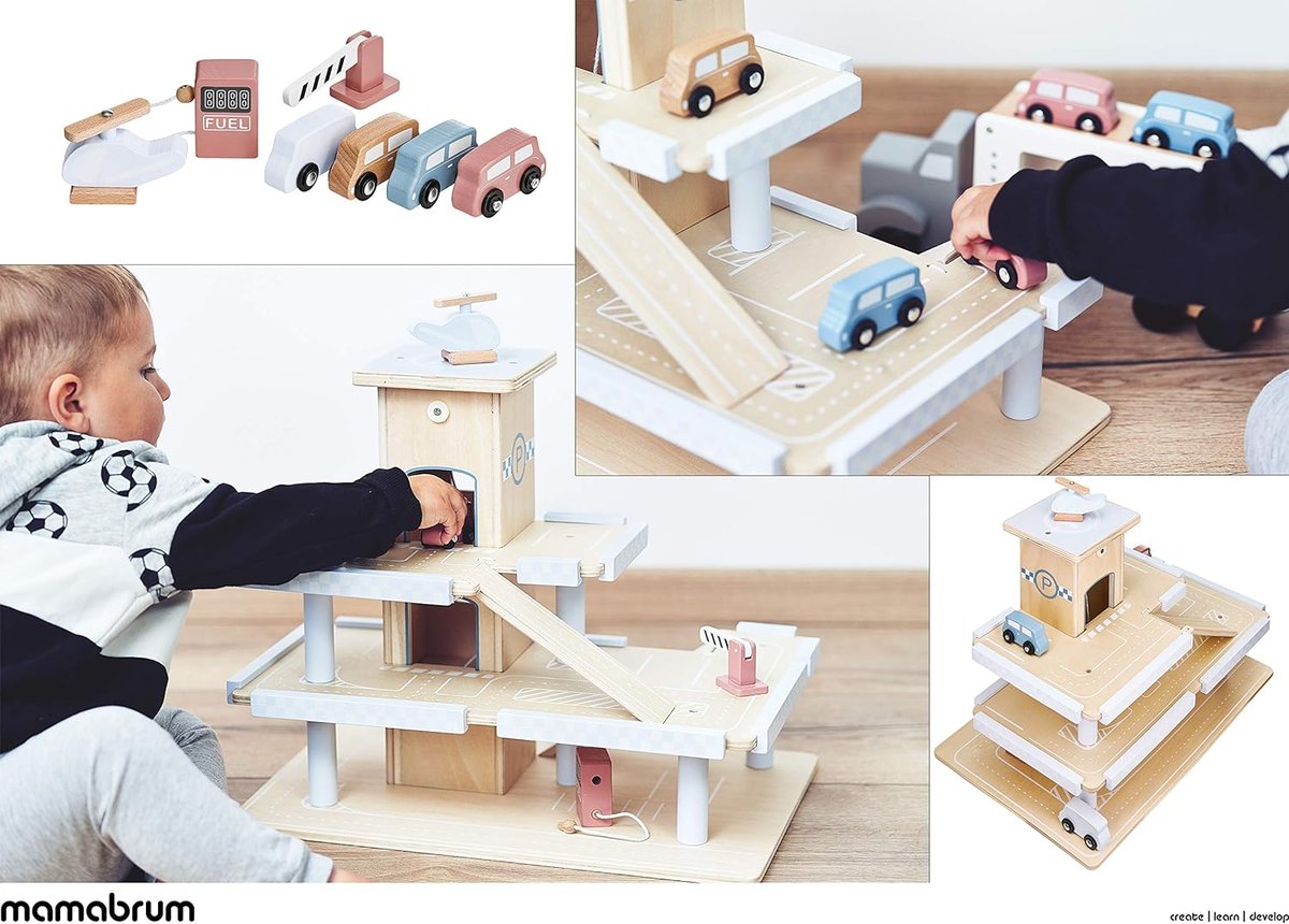 Garage En Bois Mamabrum 3 Niveaux - Avec Voitures, Hélicoptère, Station Essence - Jeu Enfant