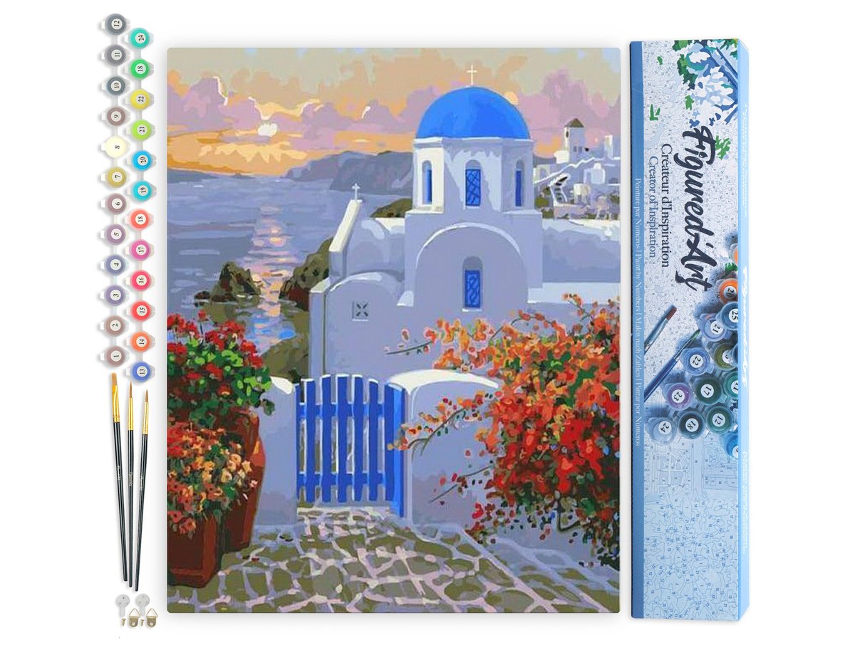 Peinture Par Numéro Figured'Art - Petit Village Grec - Kit De Loisir Créatif DIY Numéro D'Art Complet - 40x50cm Sans Châssis En Bois