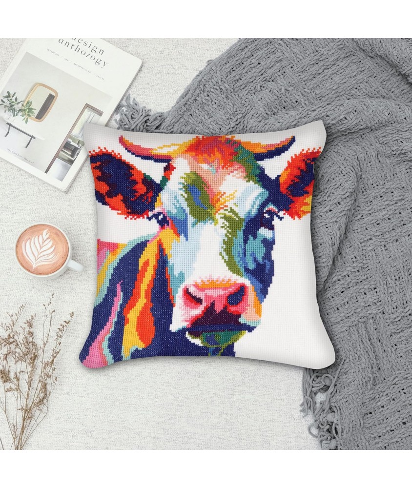 Kit Point De Croix Adulte – Canevas Imprimé « Vache Blanche Sous L’arbre », Fils Inclus, 16x20 Pouces