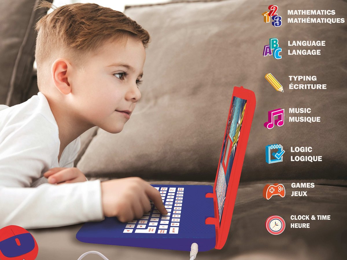 Lexibook Ordinateur Éducatif Spidey Bilingue – 40 Activités, Méthode Syllabique, 3 Histoires Animées