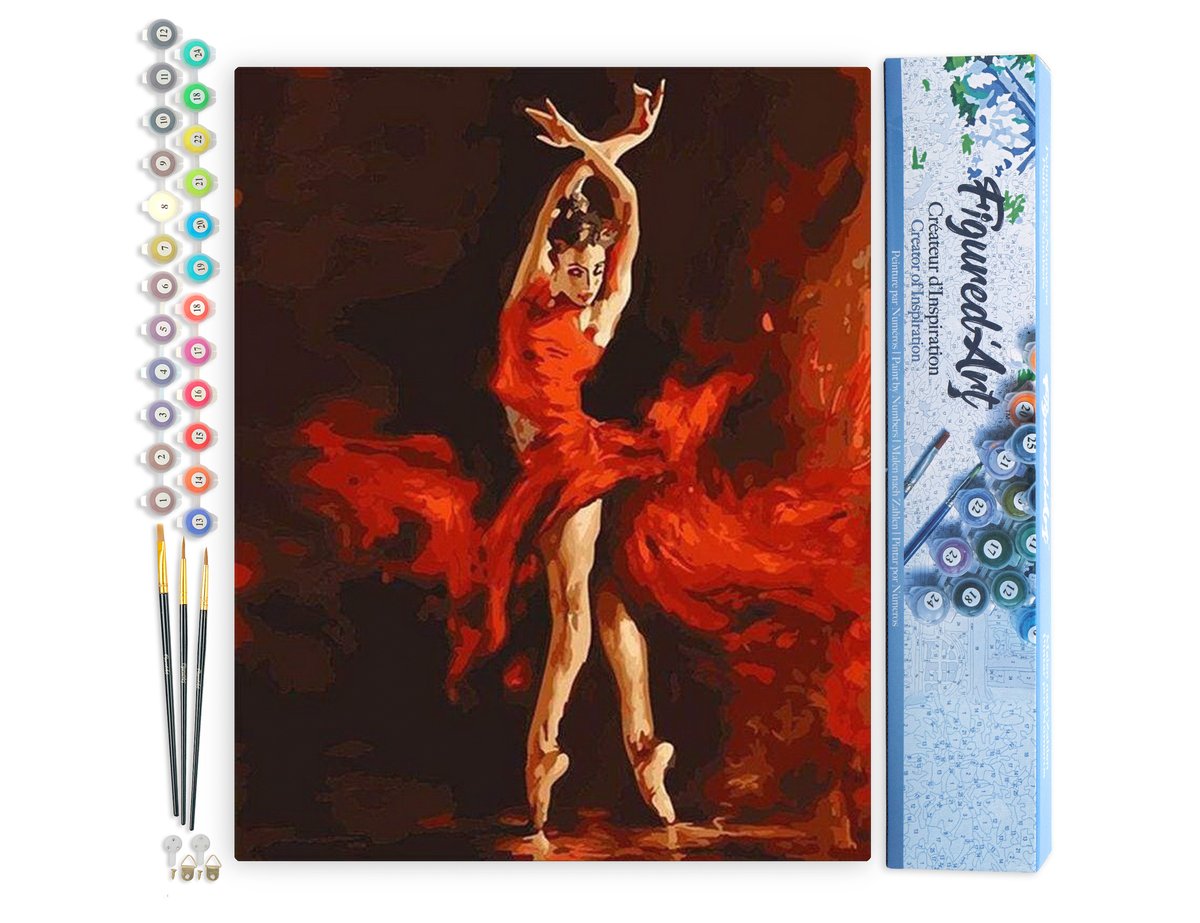 Peinture Par Numéros Figured'Art Danseuse Rouge Magique 40x50cm - Kit Complet DIY Sans Châssis