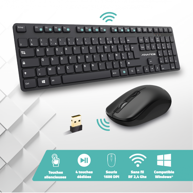 Pack Clavier + Souris Sans Fil Advance - Azerty Français - Avec Piles Incluses - Neuf Sous Emballage