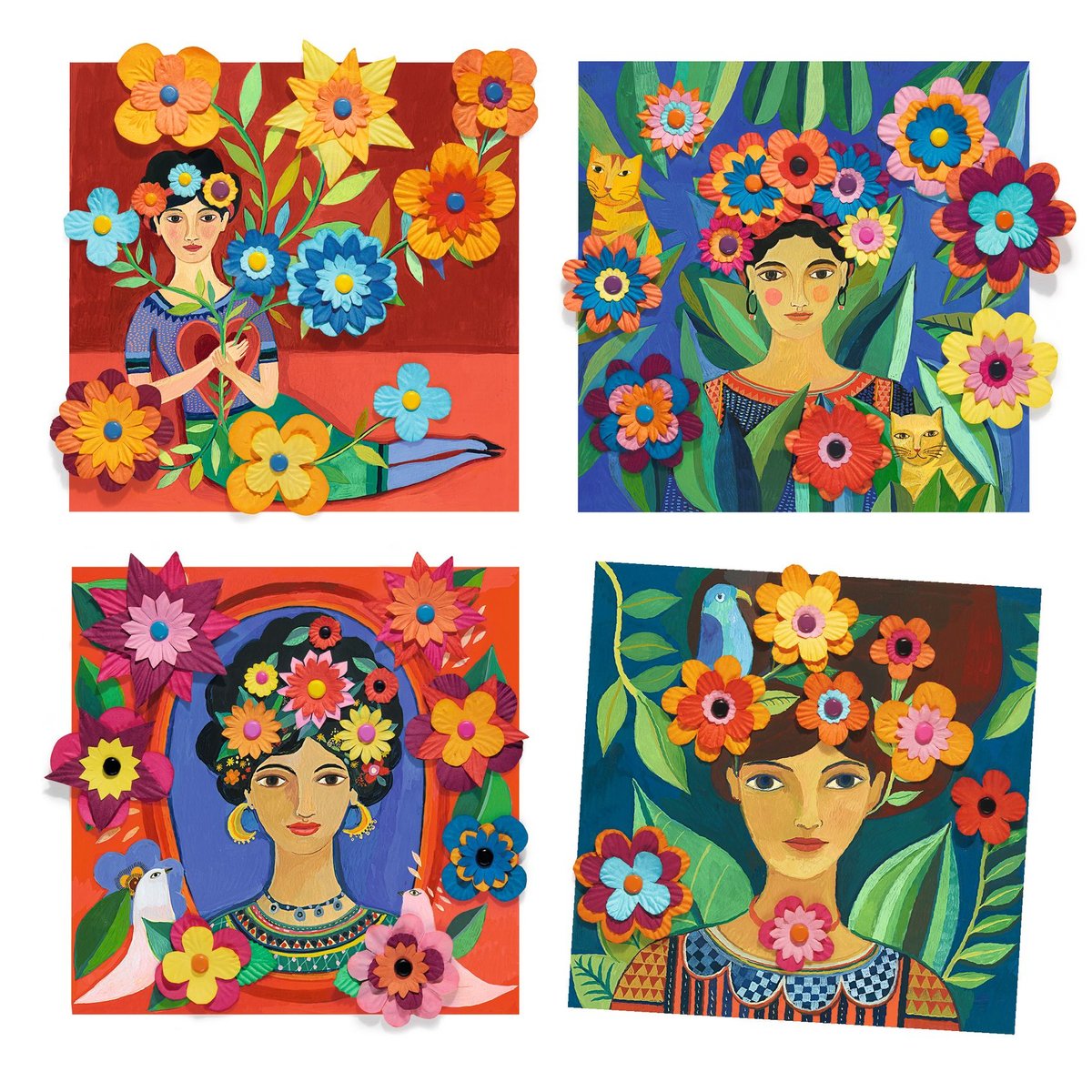Activité De Collage Djeco Coyoacan - 4 Tableaux Fleurs En Papier Gaufré - Inspiré Par L'Artiste Aurélia Fronty