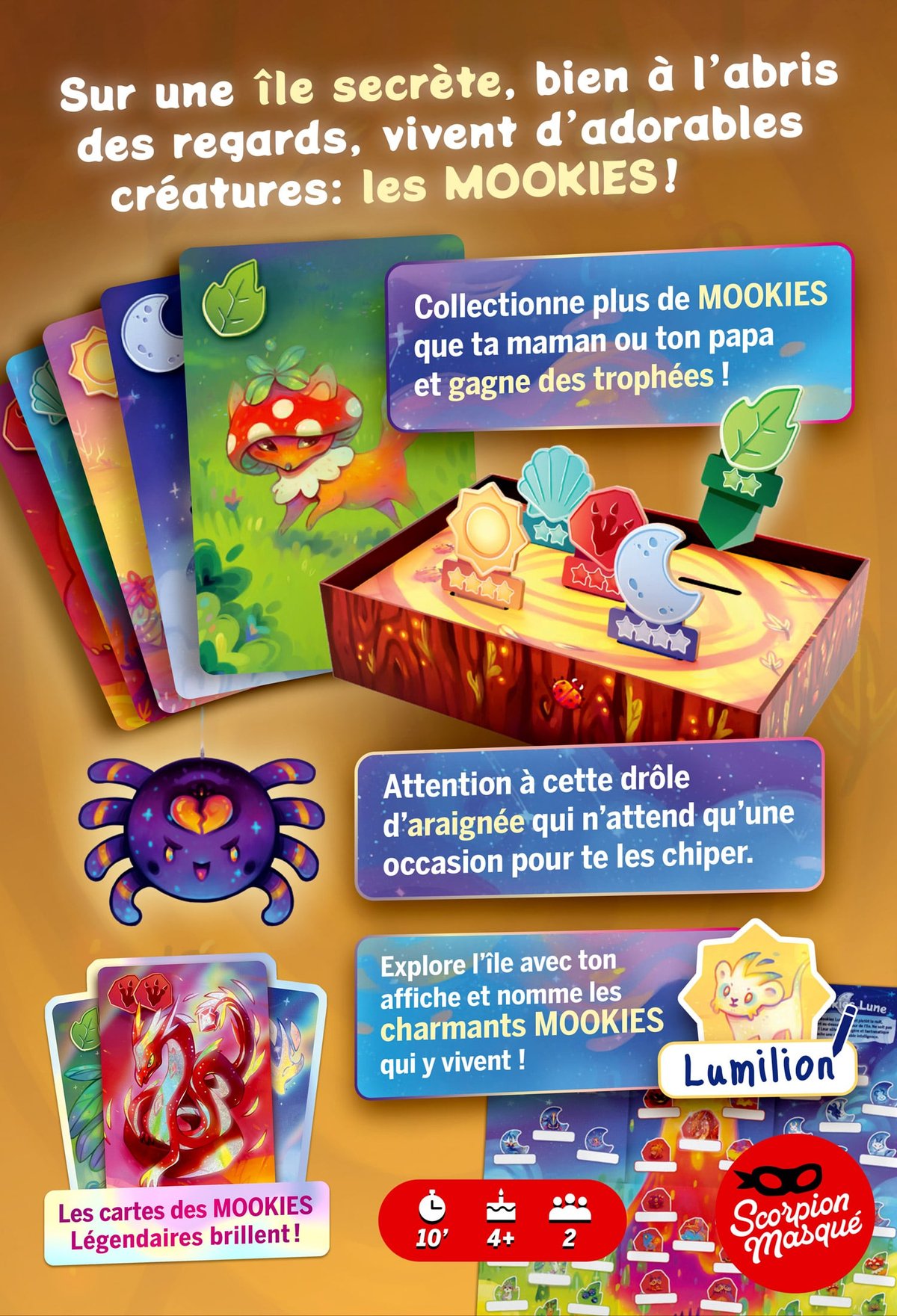 L'Île des mookies – jeu de collection et observation pour 2 joueurs – cartes brillantes et trophées – scorpion masqué