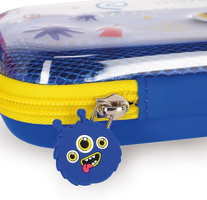 Trousse à Crayons Portable Wonderwow - 2 Compartiments, Design Monstre Bleu, Tissu Mesh, Fermeture éclair