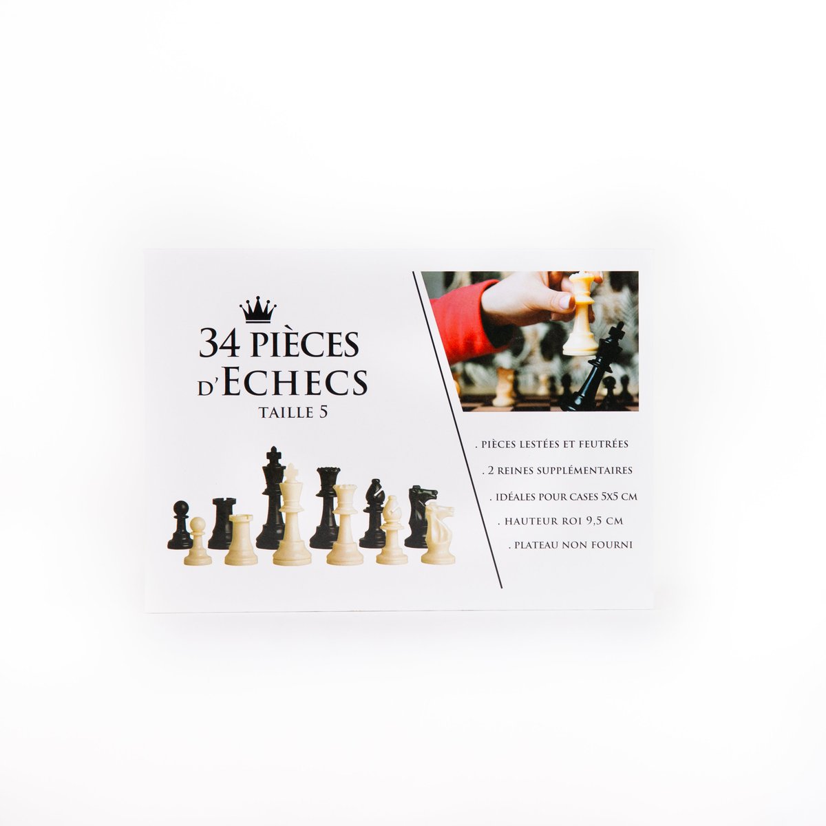 34 Pièces D’Échecs Taille 5 – Lestées Et Feutrées – Hauteur Roi 9,5 Cm – Pour Échiquier 5x5 Cm – Boîte Aimantée Noire Incluse