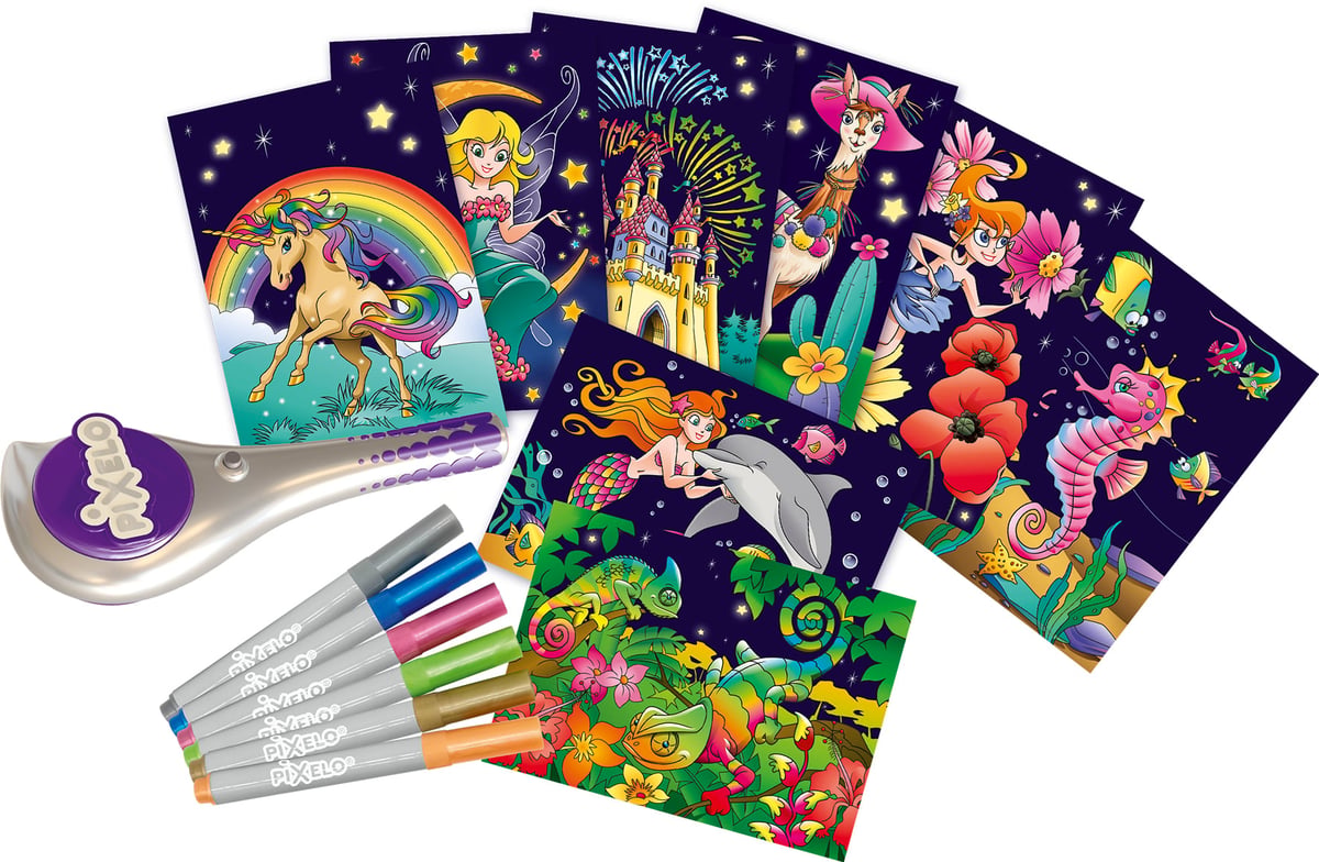 Lansay - PIXELO - Coffret Metallic - Kit Dessins aux Effets Pointillés et Couleurs Métalliques - Coloriage en Pointillés avec Stylo Electronique pour Enfants dès 6 Ans -8 Dessins -Pile Non Incluse