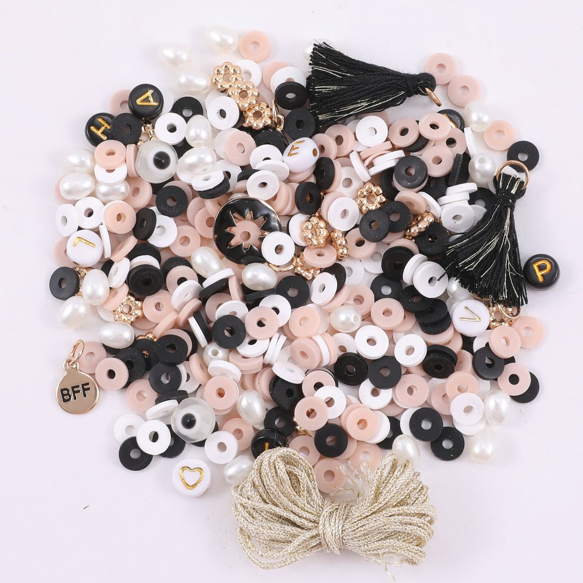 Kit 2530 Pièces Perles Heishi Pour Bracelets Et Colliers - Noir, Blanc, Or - Création Bijoux DIY