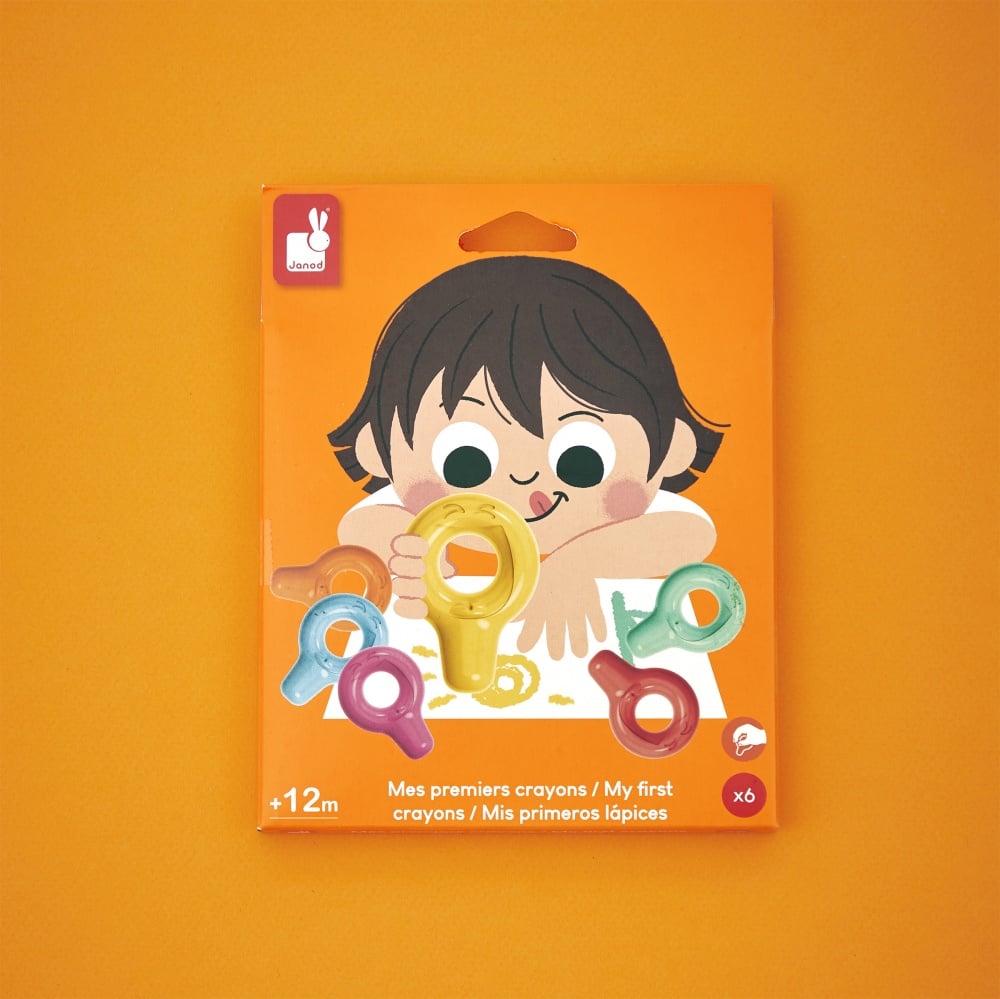 Janod – Mes Premiers Crayons De Cire – 6 Crayons Ergonomiques Dès 12 Mois – Boîte Réutilisable – Couleurs Vives