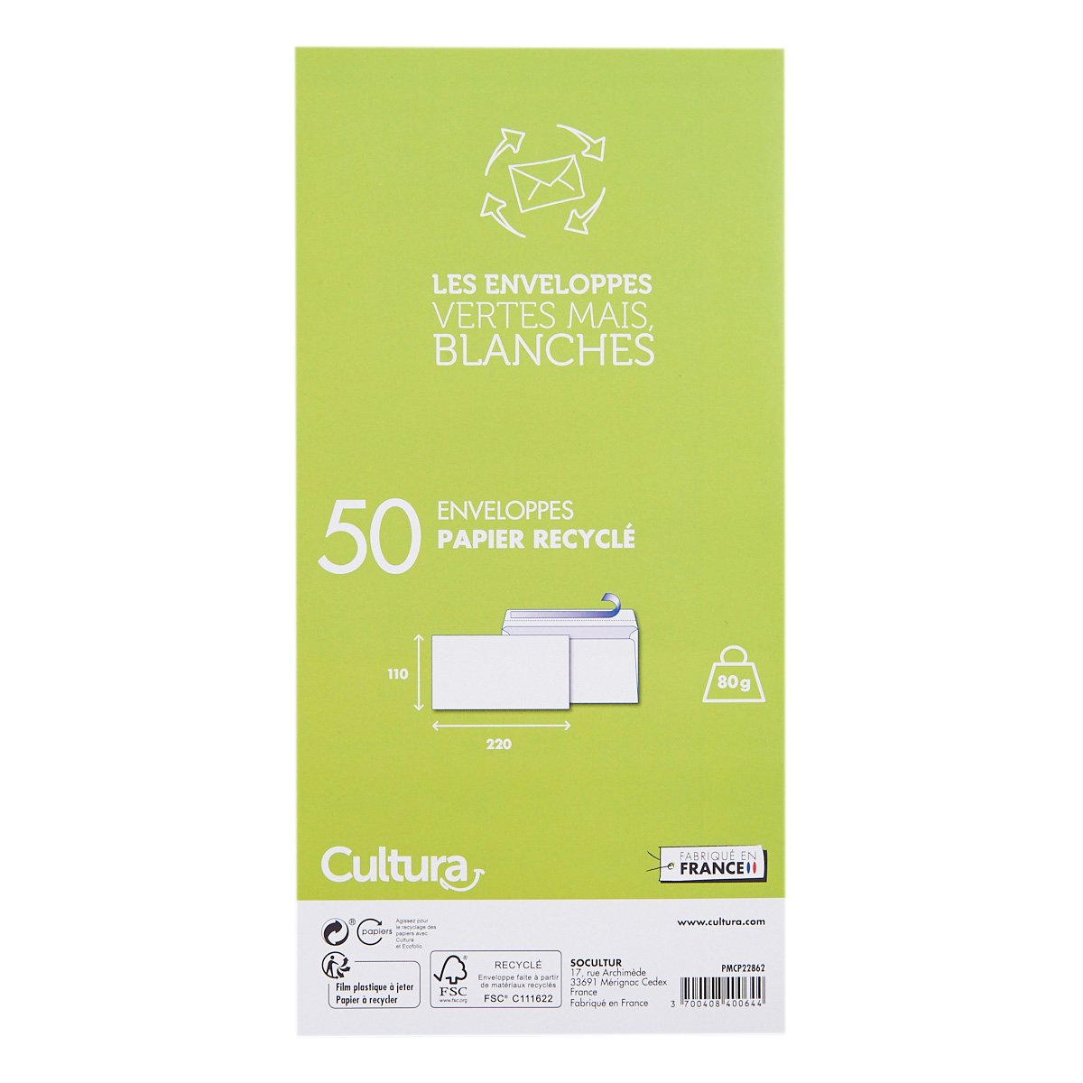 50 enveloppes adhésives en papier recyclé - 110x220mm - 80g/m²