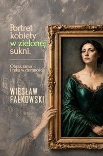 Portret kobiety w zielonej sukni. Obraz, rama i ręka w ciemności