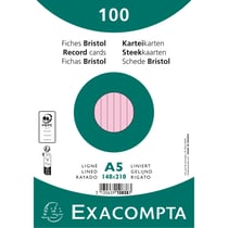 Paquet 100 fiches sous film - bristol ligné non perforé 148x210mm - Rose - x 10 - Exacompta