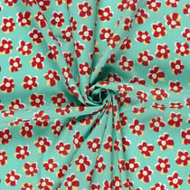 Tissu Coton extensible Fleuréa rouge sur fond Vert menthe