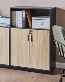 Armoire de Bureau à 2 Portes Bois Clair et Noir 117 cm avec Etagère Supérieure et Métal Finition Mélaminée Etagère Réglable Fermeture à Clef
