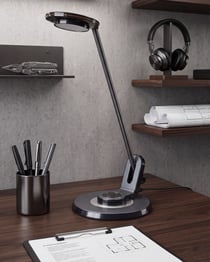 Lampe de Bureau Noir et Argenté en Aluminium et Pierre 45 cm à LED et Port USB Bras Ajustable Variateur d'Intensité Lumineuse et Température