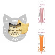 Kit pour biscuit en relief Chat + 2 Stylos au chocolat rose pastel et orange