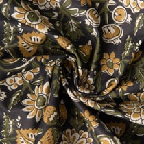 Tissu Voile de Coton indien Block print Fleuris ocre sur fond Noir