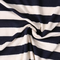 Tissu Jersey Viscose cotêlé Oréane rayures Bleu marine sur fond Blanc - Au mètre