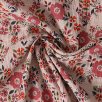 Tissu Double gaze de Coton Sylvaine fleurs Rouges sur fond Beige sable - Au mètre