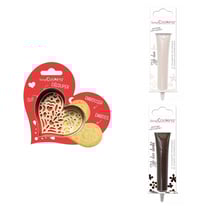 Kit pour biscuit en relief Coeur + 2 Stylos au chocolat blanc et marron