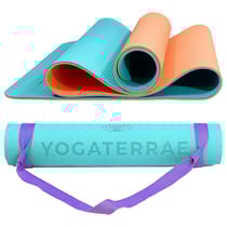 Tapis de Yoga TURQUOISE CORAIL TPE dim. 183x61x0,6 cm + Sangle de transport et d’étirements en Coton