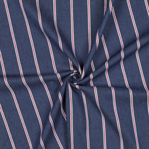 Tissu Chambray Coton James rayures fines Blanc et Rouge sur fond Bleu denim