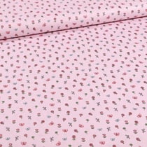 Tissu Coton imprimé Petits bouquets de fleurs et papillons sur fond Rose