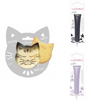 Kit pour biscuit en relief Chat + 2 Stylos au chocolat noir et lilas