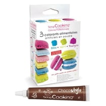 3 colorants alimentaires bleu, vert, pourpre + 1 Stylo chocolat