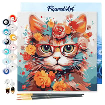 Mini Peinture par Numéros Figured'Art 20x20cm avec cadre Chaton fantaisie et fleurs - Petit Format