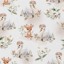 Tissu Coton imprimé Isaline  faons et cygnes sur fond Blanc cassé - Au mètre