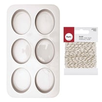 6 moule à savon silicone ovales 7,5 x 6 cm Rico Design + Ficelle dorée & blanche Rayher