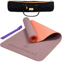 Tapis de Yoga BEIGE CORAIL TPE dim. 183x61x0,6 cm + Sangle de transport et d’étirements + Sac Coton
