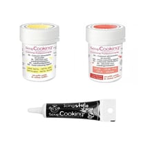 2 colorants alimentaires jaune pastel-corail + Stylo glaçage noir
