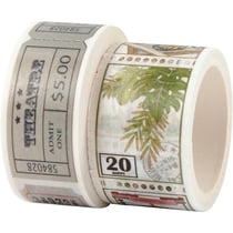 Ruban adhésif Washi Tape, Motif tikets et nature, L : 3+5 M, L : 20+25 mm, 2 rouleau/ 1 Pq.