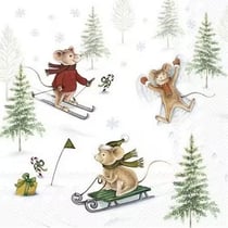4 serviettes en papier découpage collage 33 cm SOURIS DE NOEL AU SKI NOSS 106