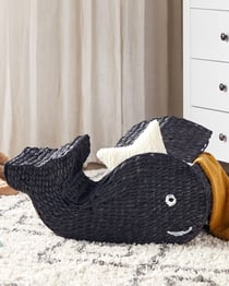 Panier de Rangement en Fibres de Jacinthe d'Eau Noir et Métal 68 x 30 cm en Forme de Baleine Corbeille à Jouets Intérieur Polyvalent