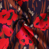 Tissu Viscose  Eulalia fleurs Rouges sur fond Bleu marine - Au mètre