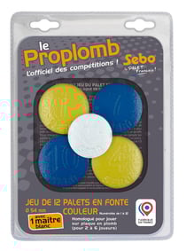 Jeu de 12 palets vendéens jaunes et bleus en fonte compétition + 1 maître blanc en fonte - Sebo