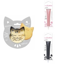 Kit pour biscuit en relief Chat + 2 Stylos au chocolat rose pastel et noir