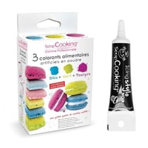3 colorants alimentaires bleu, vert, pourpre + Stylo de glaçage noir