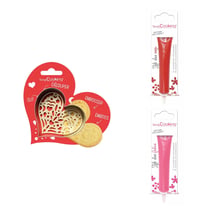Kit pour biscuit en relief Coeur + 2 Stylos au chocolat rouge et fuchsia