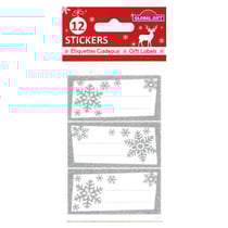 12 étiquettes adhésives de Noël - Flocons argentés à paillettes