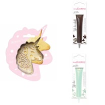 Kit pour biscuit en relief Licorne + 2 Stylos au chocolat marron et vert d'eau